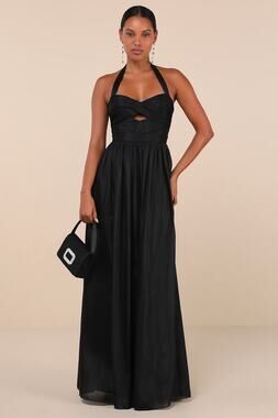 NWT Lulus Marvelous Impression Black Pleated Halter Cutout Maxi Dress Holiday L